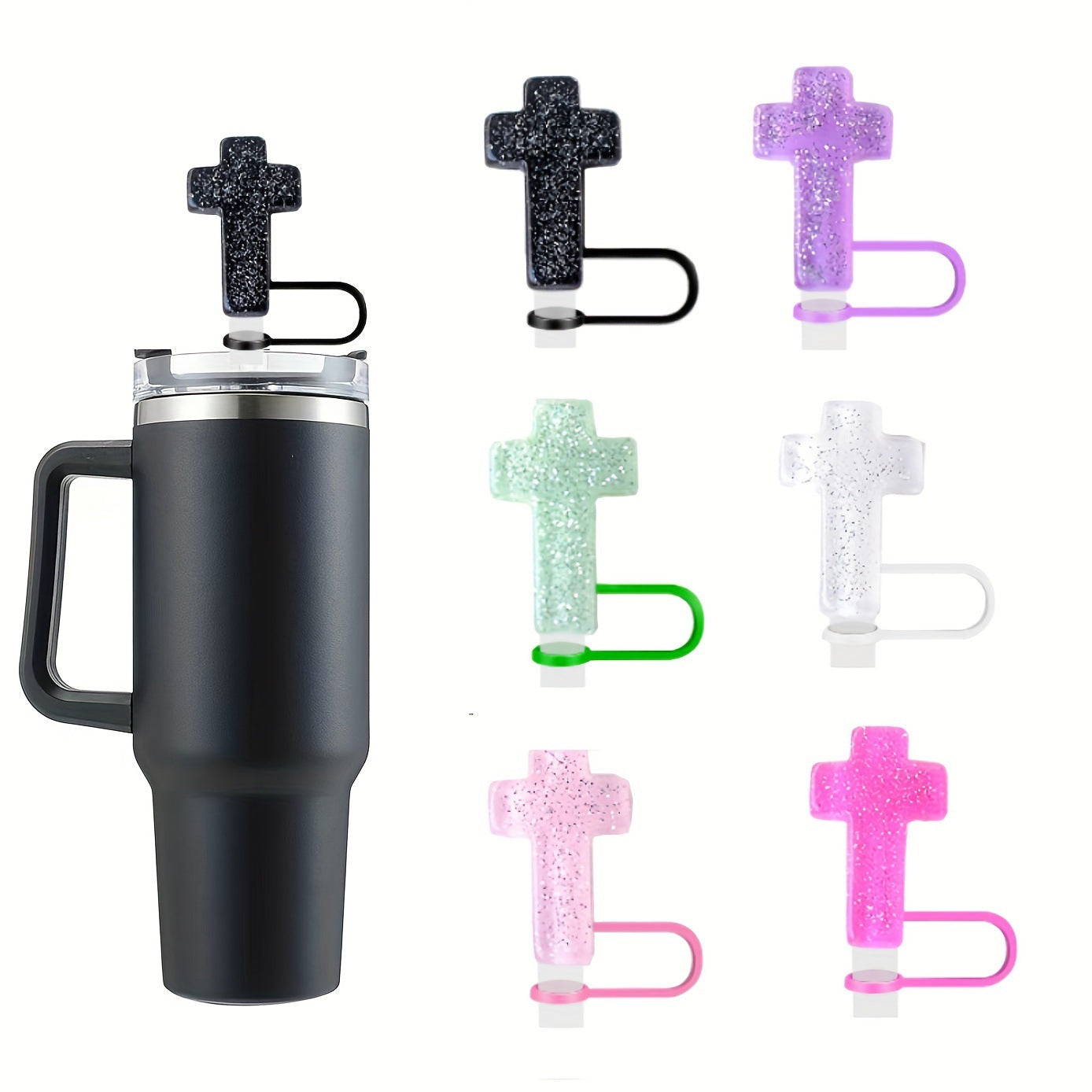 Wholesale 5pcs Transparent Glitter Cross Resin Straw Plug